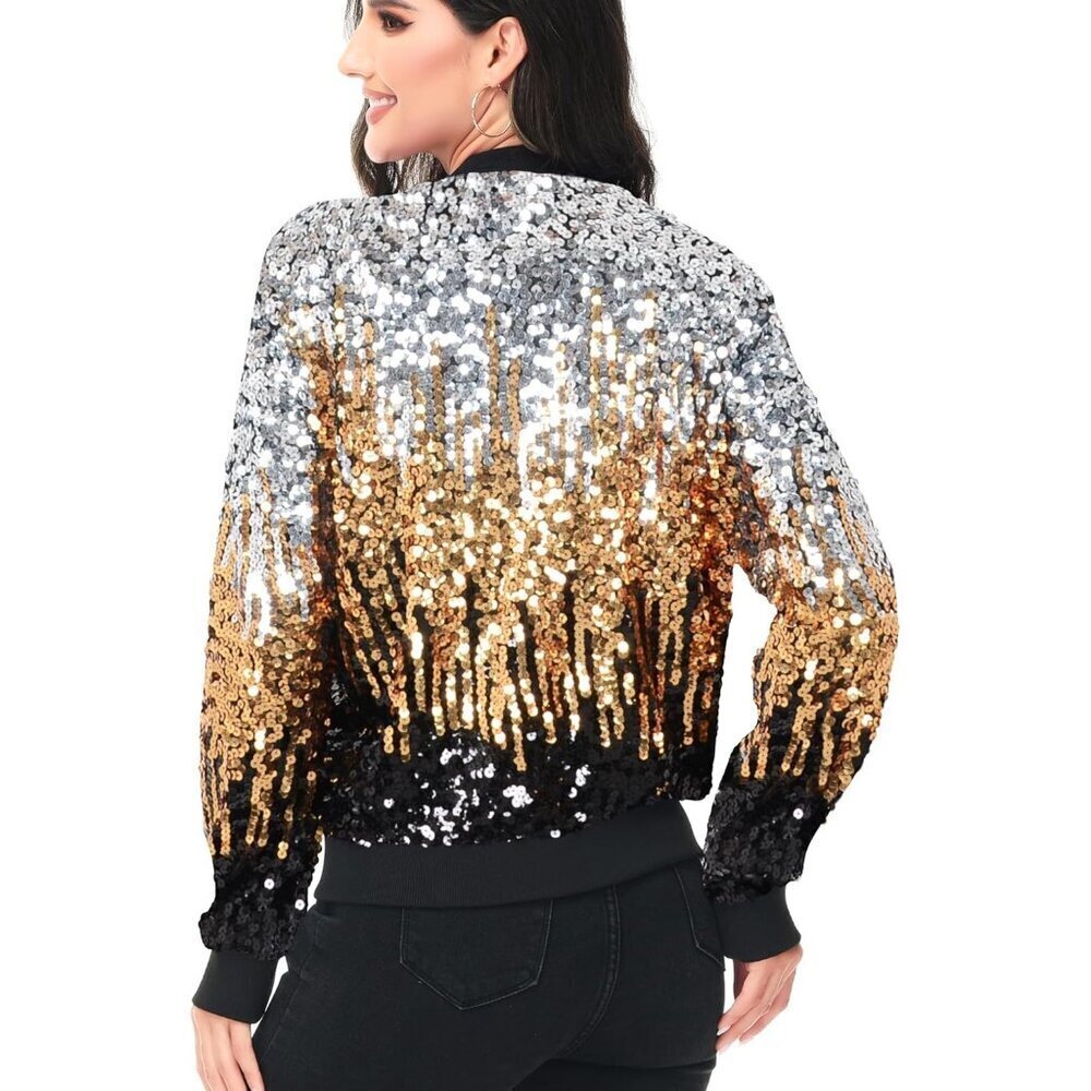 Brand New Women Z-Silver Gold Black Polyester Sequin Long Sleeve Front Zip - Picture 4 of 6